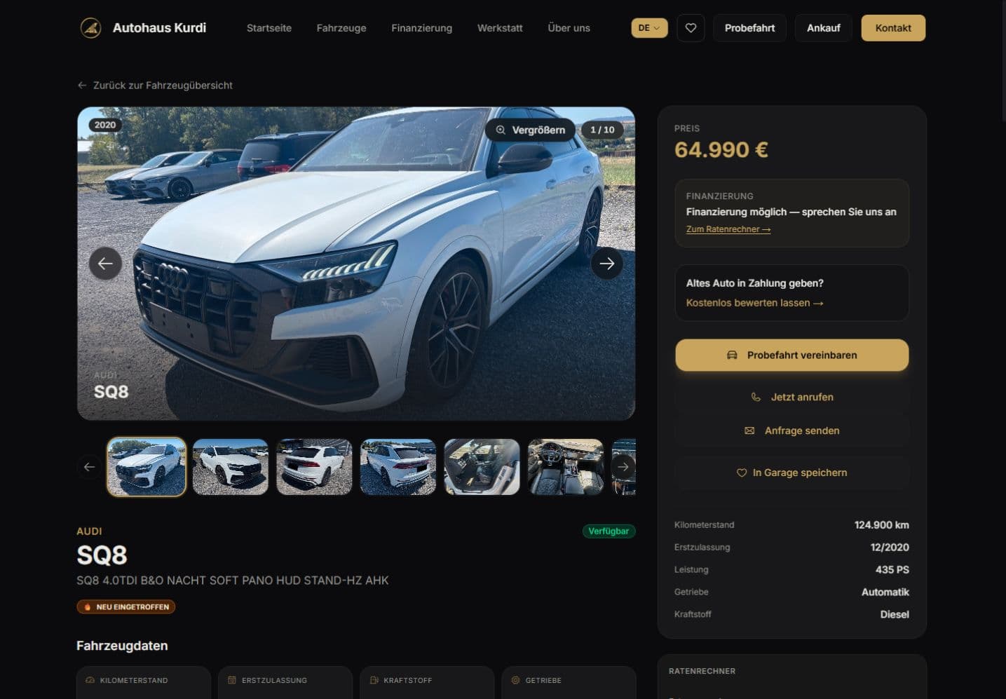Reale Fahrzeugdetailseite von Autohaus Kurdi mit Fahrzeuggalerie und Kontaktmöglichkeiten