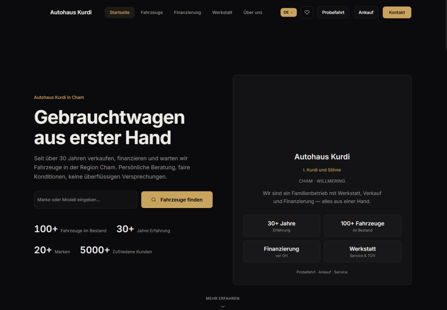 Startseite der realen Autohaus-Kurdi-Website mit Fahrzeugsuche und Bestandskennzahlen
