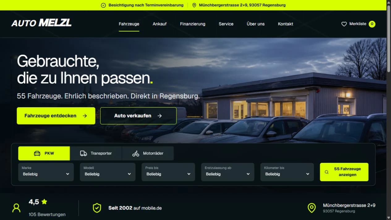 Unverbindliches Autohaus-Konzept für Auto Melzl mit Händlerstandort und Fahrzeugsuche